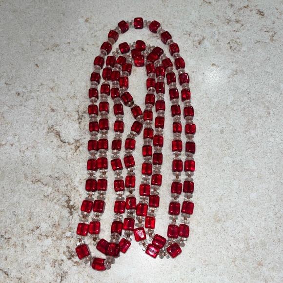 Vintage  Deco Necklace Glass Red Cube Beads Hand Tied bohemian - Picture 3 of 9